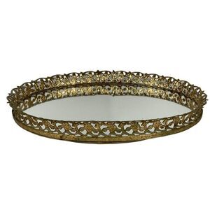 Vintage Oval Vanity Tray Gold Gilt Metal Filigree Mirror Hollywood Regency 1950s